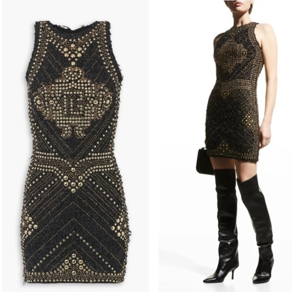 BALMAIN Black Studded Gold Metallic Bouclé-Tweed Sleeveless Knit Mini Dress